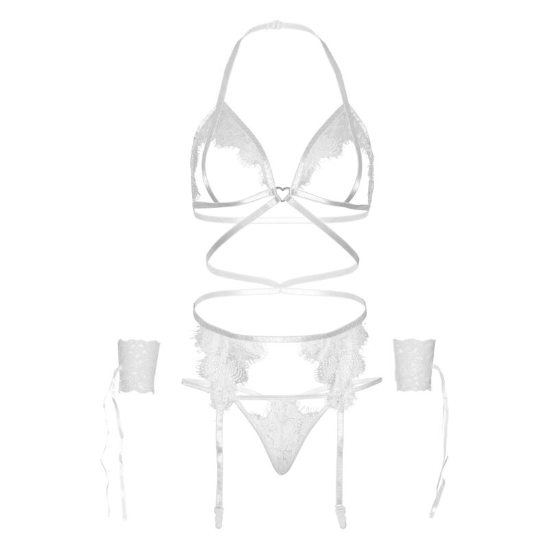 CONJUNTO DE QUATRO PEÇAS LEG AVENUE, SUTIÃ, FIO DENTAL, CINTA-LIGA E PUNHOS DE PULSO TAMANHO ÚNICO - BRANCO 6 Conjunto de quatro peças leg avenue, sutiã, fio dental, cinta-liga e punhos de pulso tamanho único - branco - image 5