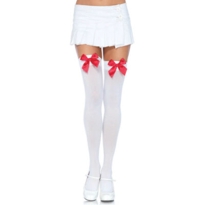 LEG AVENUE NYLON COXAS COM LAÇO BRANCO / VERMELHO