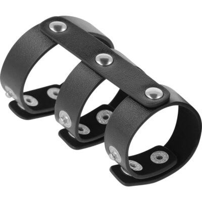 Alternative view of DARKNESS ADJUSTABLE LEATHER DOUBLE  PENIS AND TESTICLES RING