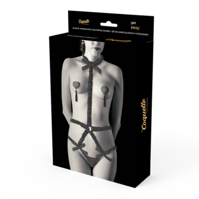Conjunto de arreio elástico coquette chic desire e cobertura de bicos preta coquette accessories caliente. Pt