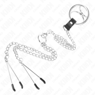 KINK - ANEL DE PÊNIS DE METAL TRIPLO CROMADO DE 3 CM A 4,5 CM COM CORRENTE DE METAL DE 26 CM E CLIPES DE MAMILO 7 Kink - anel de pênis de metal triplo cromado de 3 cm a 4,5 cm com corrente de metal de 26 cm e clipes de mamilo kink ring power caliente. Pt