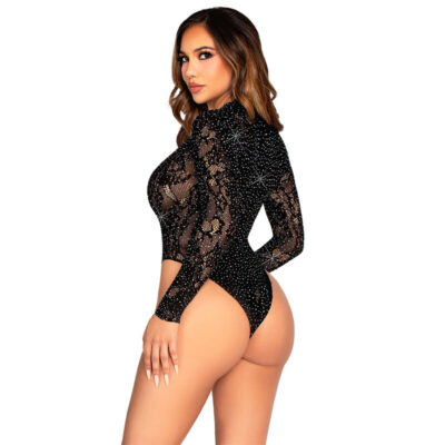 Leg avenue - body de renda e manga comprida com diamantes preto tamanho único - image 3