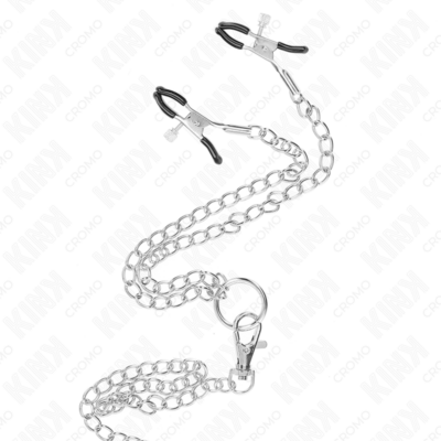 Kink - anel de pênis triplo de metal cromado de 3,8 cm a 5 cm com corrente de metal de 26 cm e grampos de mamilos modelo 1 kink ring power caliente. Pt