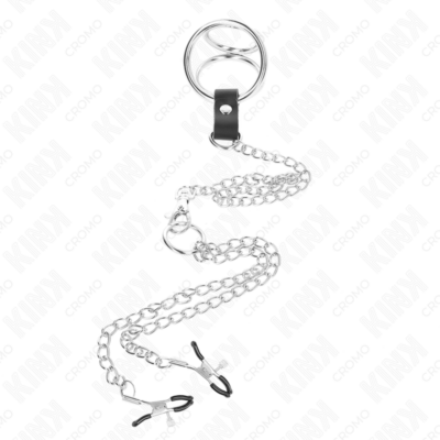 Kink - anel de pênis triplo de metal cromado de 3 cm a 4,5 cm com corrente de metal de 26 cm e clipes de mamilo kink ring power caliente. Pt