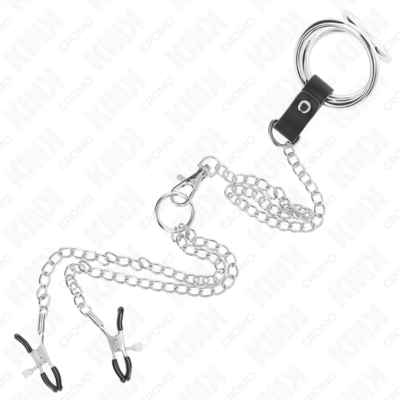 Kink - anel de pênis triplo de metal cromado de 3 cm a 4,5 cm com corrente de metal de 26 cm e clipes de mamilo kink ring power caliente. Pt