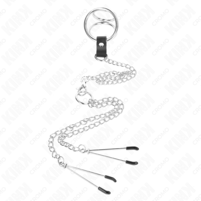 Kink - anel de pênis triplo de metal cromado de 3,8 cm a 5 cm com corrente de metal de 26 cm e grampos de mamilos modelo 2 kink ring power caliente. Pt