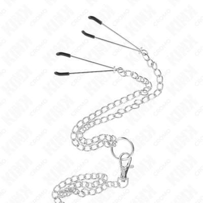 Kink - anel de pênis triplo de metal cromado de 3,8 cm a 5 cm com corrente de metal de 26 cm e grampos de mamilos modelo 2 kink ring power caliente. Pt
