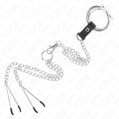 Kink - anel de pênis triplo de metal cromado de 3,8 cm a 5 cm com corrente de metal de 26 cm e grampos de mamilos modelo 2 kink ring power caliente. Pt