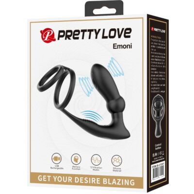 Pretty love - anel penis emoni + plug anal 12 vibrações preto pretty love caliente. Pt