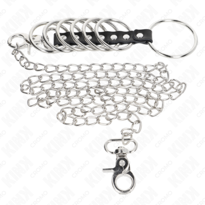 Kink - 7 anéis de metal de 3,8 cm a 5 cm conectados com couro e corrente de metal 100 cm kink ring power caliente. Pt