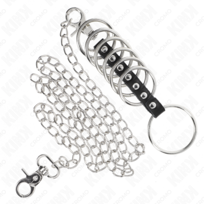 Kink - 7 anéis de metal de 3,8 cm a 5 cm conectados com couro e corrente de metal 100 cm kink ring power caliente. Pt