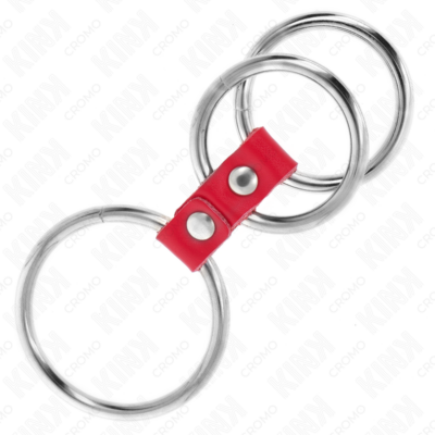 Kink - anel de pênis triplo de metal de 3,7 cm a 5 cm conectado com couro vermelho kink ring power caliente. Pt