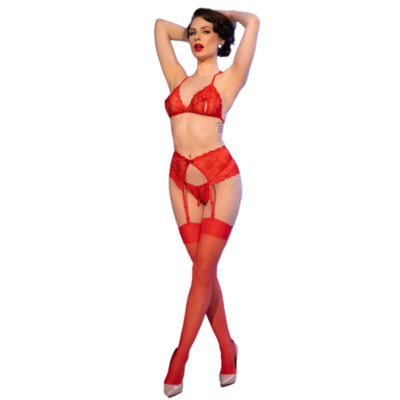 Chilirose - cr 4848 conjunto sutiã de renda vermelha + tanga + meias m chilirose sets caliente. Pt