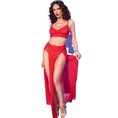 CHILIROSE - CR 4850 CONJUNTO DE TOP E LEGGING VERMELHO COM ACESSÓRIOS DOURADOS M