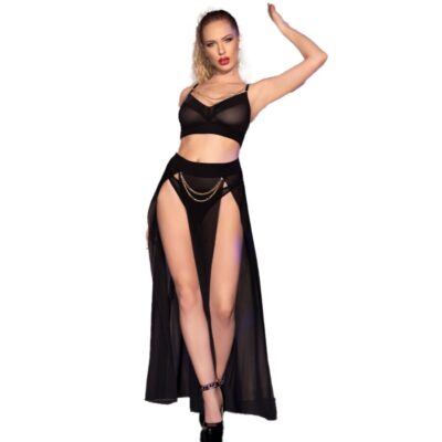 Chilirose - cr 4672 saia top preta e tanga com correntes douradas m