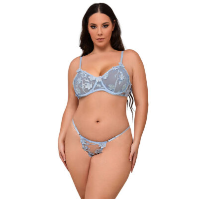 SUBBLIME - 957636 CONJUNTO DE SUTIÃ E CALCINHA BORDADOS COM FLORES AZUL CELESTE L/XL