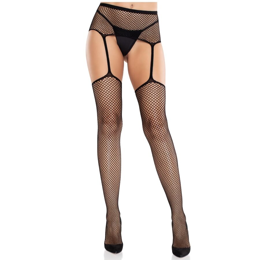 LEG AVENUE - MEIAS DE RENDA COM CRUZ E CINTO-LIGA PRETO 1 Leg avenue - meias de renda com cruz e cinto-liga preto