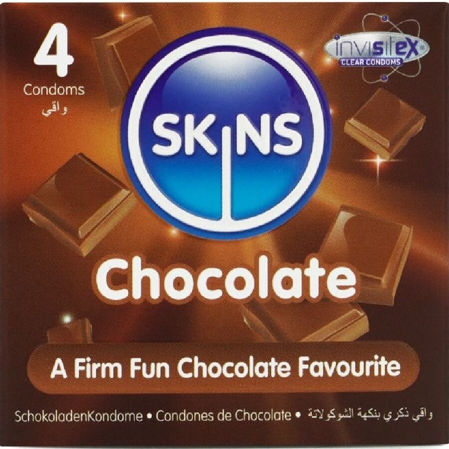 SKINS - PACOTE COM 4 PRESERVATIVOS CHOCOLATE PREMIUM 1 Skins - pacote com 4 preservativos chocolate premium