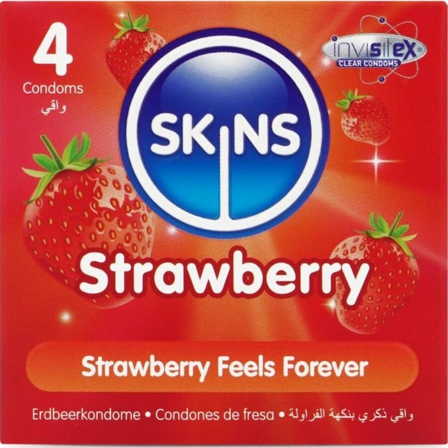 SKINS - PACOTE COM 4 PRESERVATIVOS PREMIUM DE MORANGO 1 Skins - pacote com 4 preservativos premium de morango