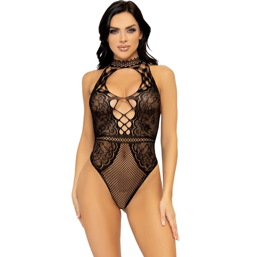 LEG AVENUE - BODY HALTER DE REDE E RENDA COM DECOTE DE FECHADURA TAMANHO ÚNICO 1 Leg avenue - body halter de rede e renda com decote de fechadura tamanho único