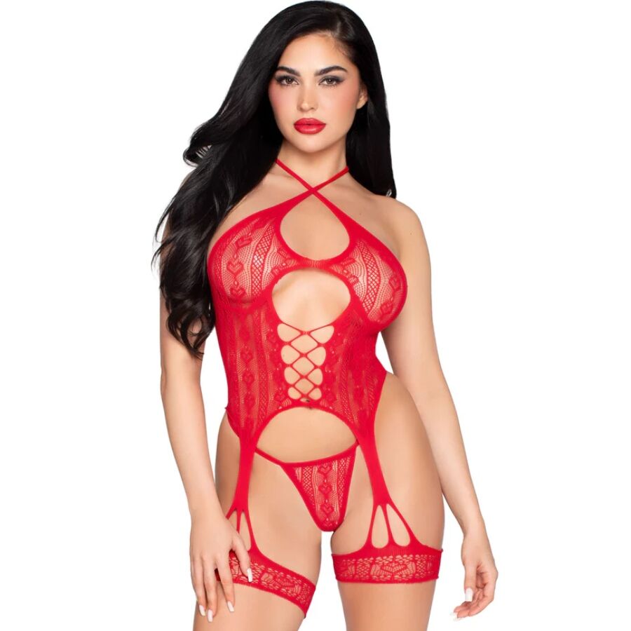LEG AVENUE - 89338 BODY ABERTO DE RENDA COM CINTA-LIGA + TANGA VERMELHA - TAMANHO ÚNICO 1 Leg avenue - 89338 body aberto de renda com cinta-liga + tanga vermelha - tamanho único