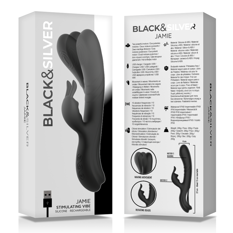 BLACK&SILVER - ESTIMULADOR DE COELHO DE SILICONE RECARREGÁVEL JAMIE PRETO 6 Black&silver - estimulador de coelho de silicone recarregável jamie preto - image 6