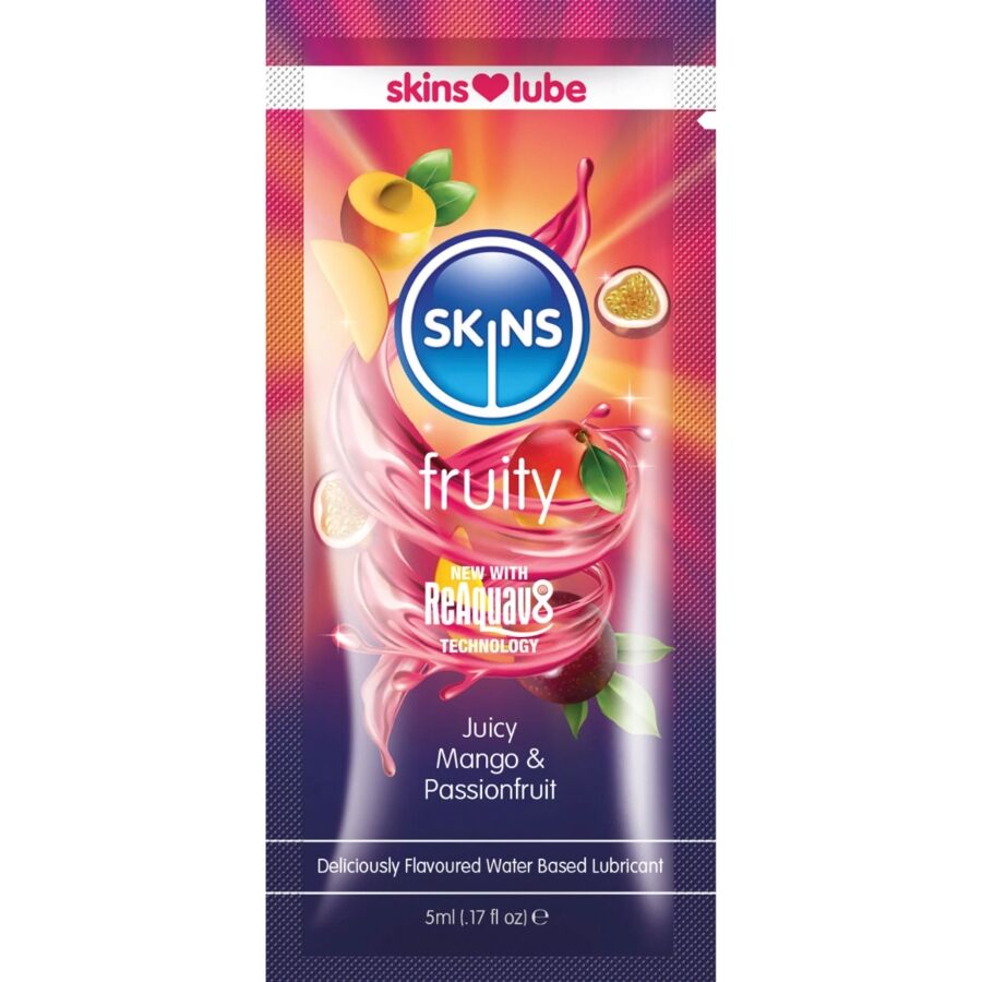 SKINS - LUBRIFICANTE À BASE DE ÁGUA COM SABOR FRUTADO DE MANGA E MARACUJÁ - DOSE ÚNICA DE 5 ML 1 Skins - lubrificante à base de água com sabor frutado de manga e maracujá - dose única de 5 ml