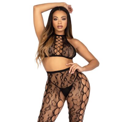 Leg avenue - 89372 top cropped e meia-calça sem volta preto - tamanho único leg avenue sets caliente. Pt