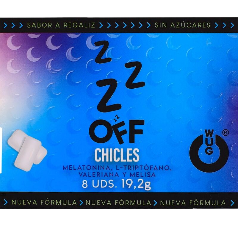 WUG OFF - GOMA DE MASCAR FUNCIONAL COM MELATONINA E VALERIANA, SABOR ALCAÇUZ, CARTELA COM 8 UNIDADES 1 Wug off - goma de mascar funcional com melatonina e valeriana, sabor alcaçuz, cartela com 8 unidades