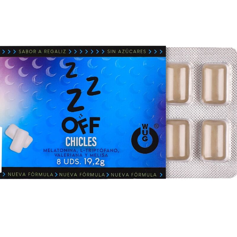 WUG OFF - GOMA DE MASCAR FUNCIONAL COM MELATONINA E VALERIANA, SABOR ALCAÇUZ, CARTELA COM 8 UNIDADES 2 Wug off - goma de mascar funcional com melatonina e valeriana, sabor alcaçuz, cartela com 8 unidades - image 2