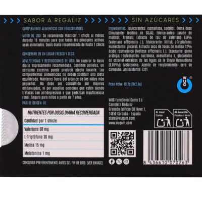 WUG OFF - GOMA DE MASCAR FUNCIONAL COM MELATONINA E VALERIANA, SABOR ALCAÇUZ, CARTELA COM 8 UNIDADES 7 Wug off - goma de mascar funcional com melatonina e valeriana, sabor alcaçuz, cartela com 8 unidades wug gum caliente. Pt