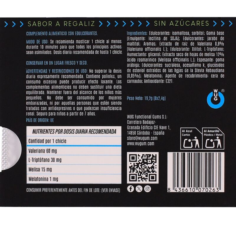 WUG OFF - GOMA DE MASCAR FUNCIONAL COM MELATONINA E VALERIANA, SABOR ALCAÇUZ, CARTELA COM 8 UNIDADES 4 Wug off - goma de mascar funcional com melatonina e valeriana, sabor alcaçuz, cartela com 8 unidades - image 4